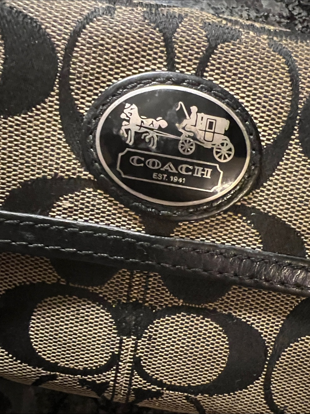 Coach Signature Canvas Trifold Wallet in Black and Beige